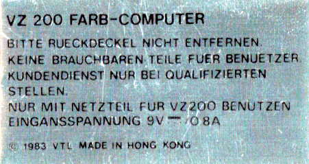 VZ 200 Typenschild